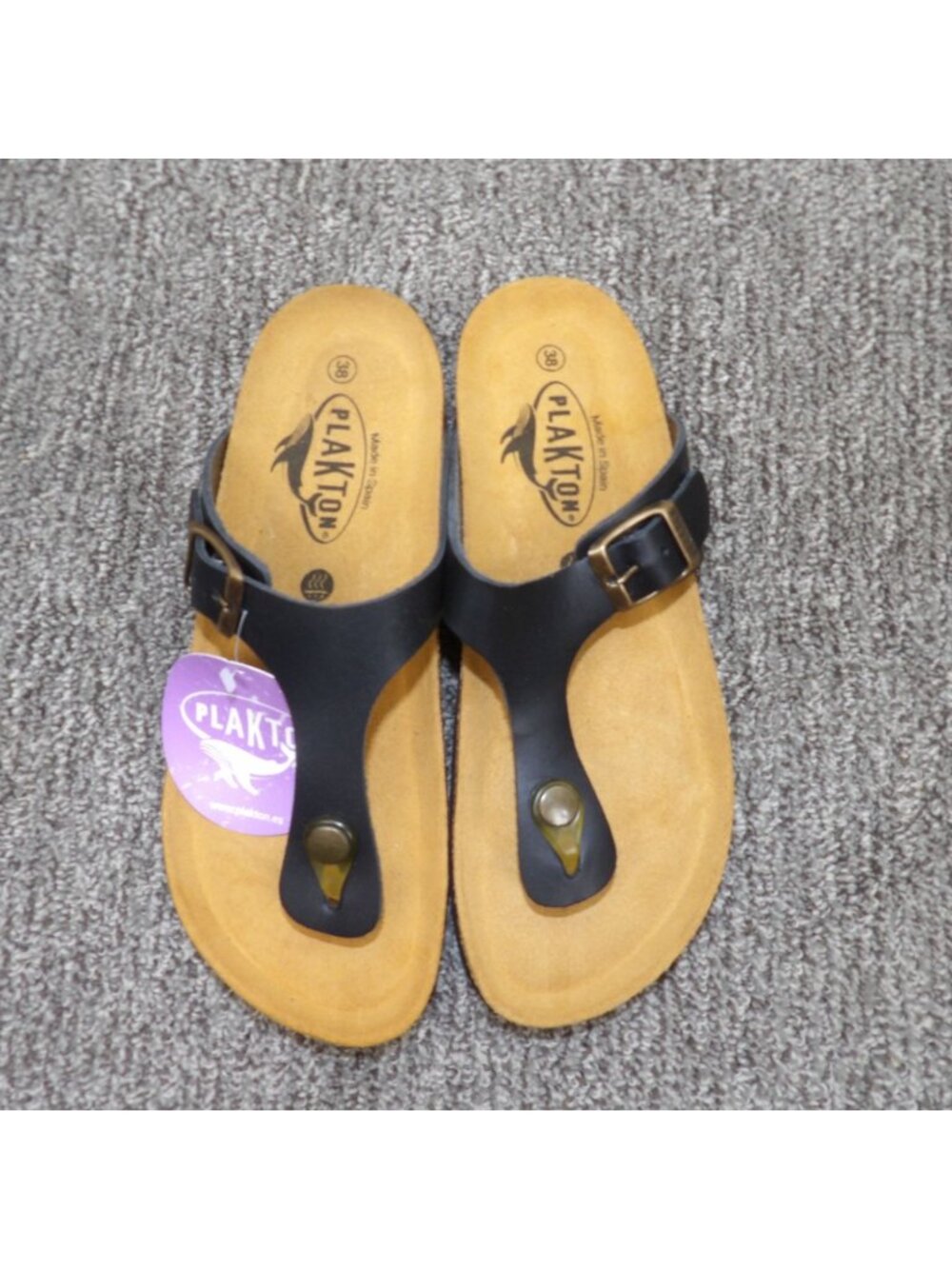 Plakton Women's Black Leather Cork Sole Sandals Size 7 EU 38 With Adjustable Str - Picture 3 of 5